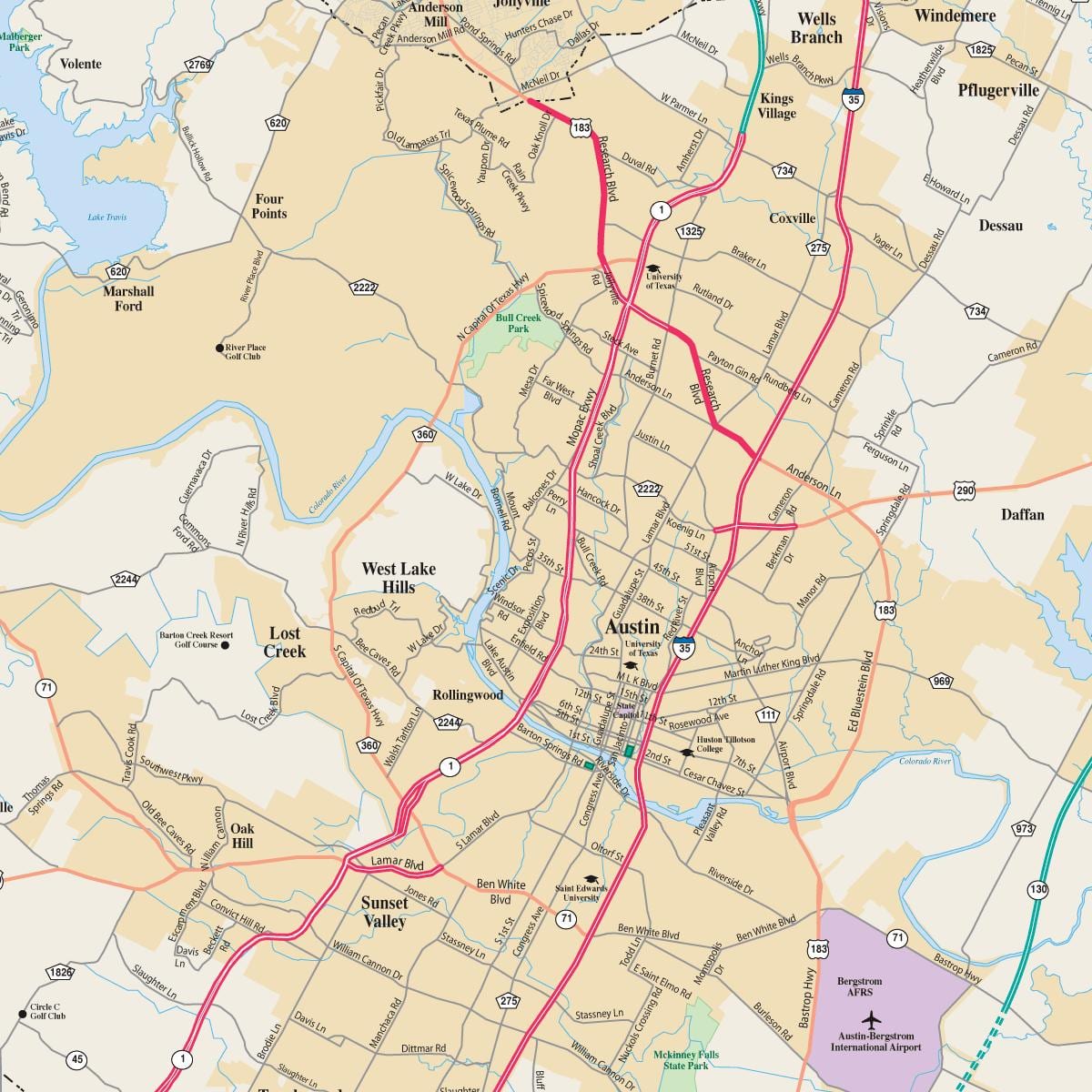 图奥斯汀的得克萨斯州和周边城市